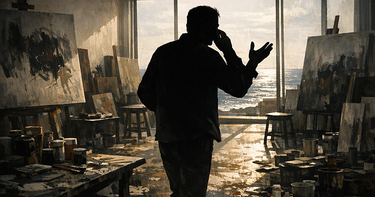Silhouette of person on phone pacing through cluttered art studio with ocean view and harsh lighting