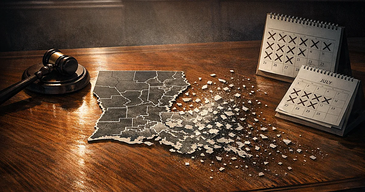 Louisiana map with dissolving district lines on legislative table beside gavel and calendar with crossed-out dates