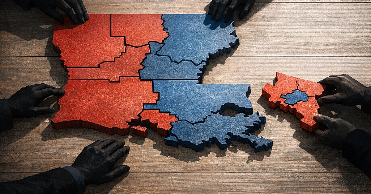 Overhead view of Louisiana map divided into congressional districts being redrawn on a table with silhouetted hands