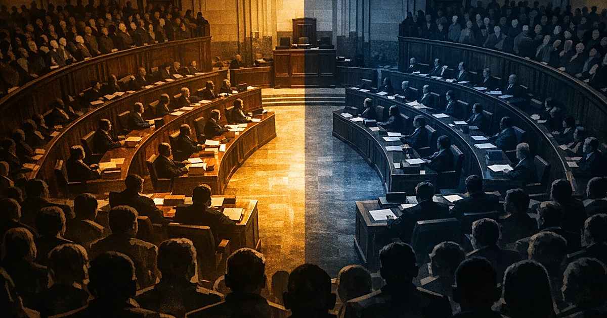 Overhead view of divided legislative chamber with silhouetted lawmakers at desks and crowded gallery of observers above