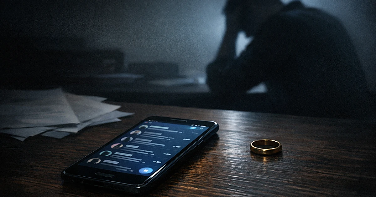 Smartphone with messaging app on desk, silhouetted figure in background, wedding ring nearby in dim lighting