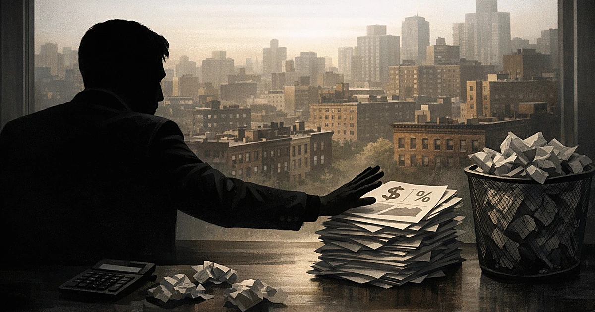Silhouetted figure pushing away tax documents at desk with city buildings visible through window behind them