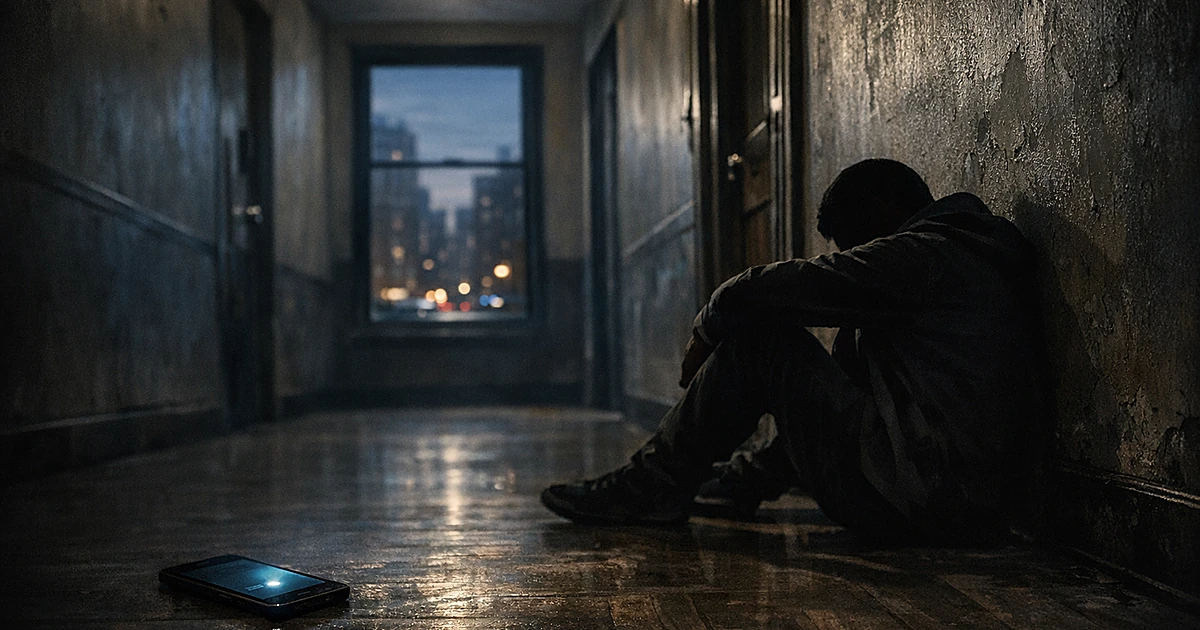 Figure slumped in apartment hallway with phone on floor, empty street visible through distant window at dusk