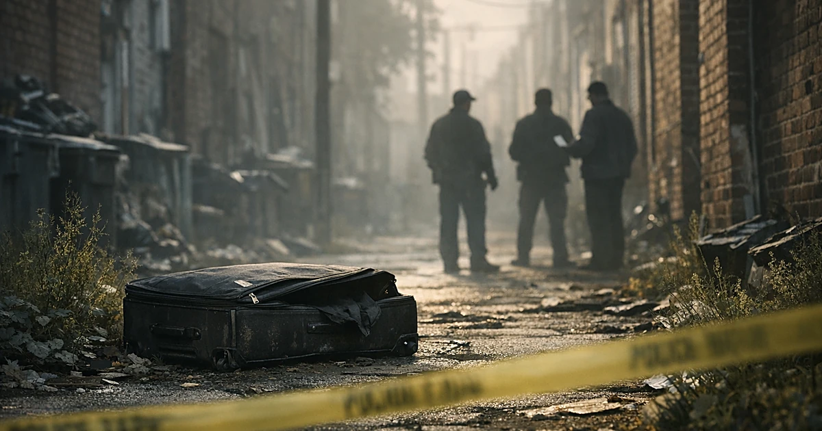 Abandoned suitcase in urban alley with police tape and silhouetted investigators in background