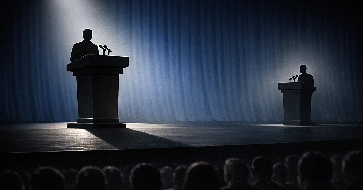 Two podiums on a stage with dramatic lighting showing one positioned more prominently than the other