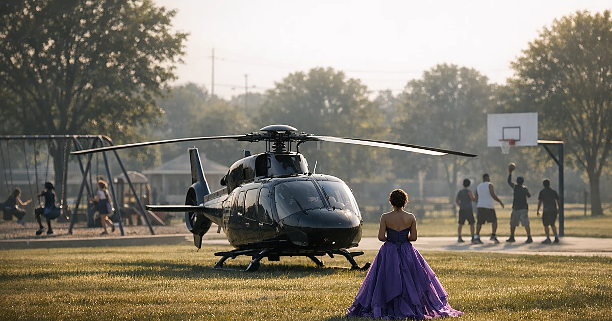 Helicopter landed on park grass with person in purple dress posing, children playing on equipment in background