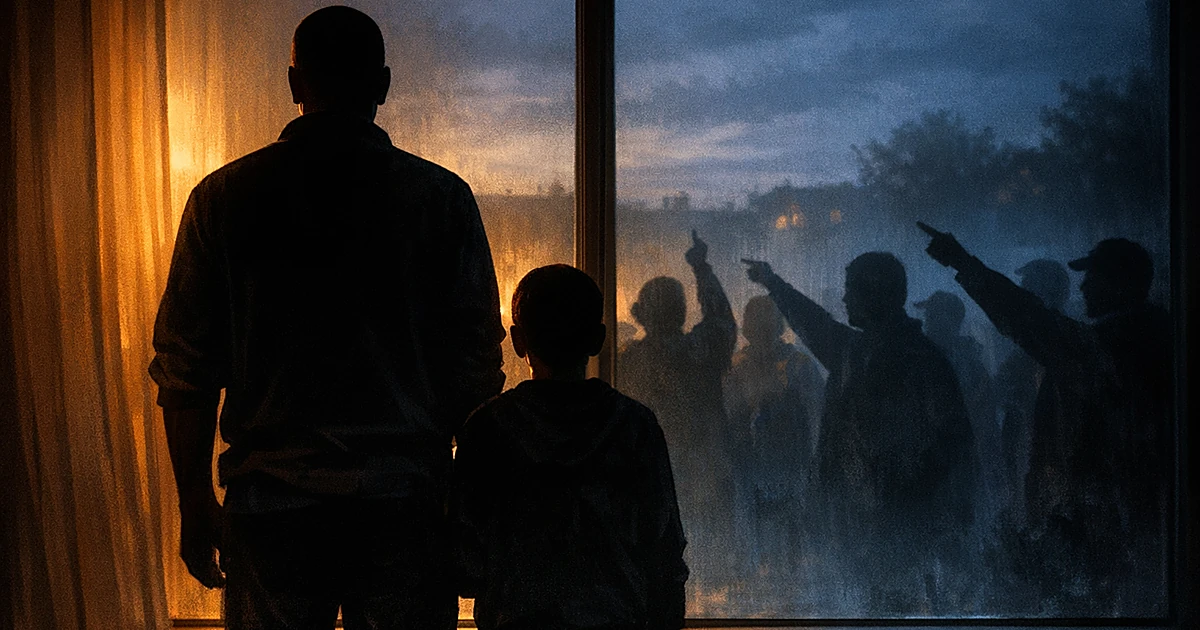 Silhouetted parent and child at window facing shadowy crowd of protesters outside in darkness