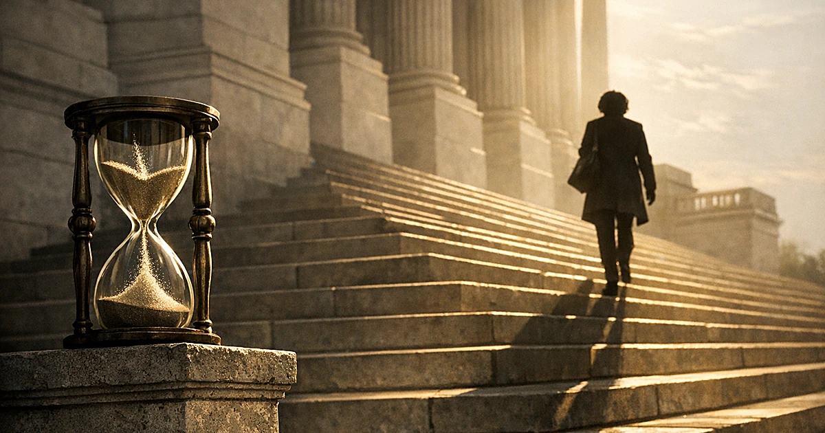 Silhouette climbing capitol steps with shadow behind, hourglass with upward-flowing sand in foreground