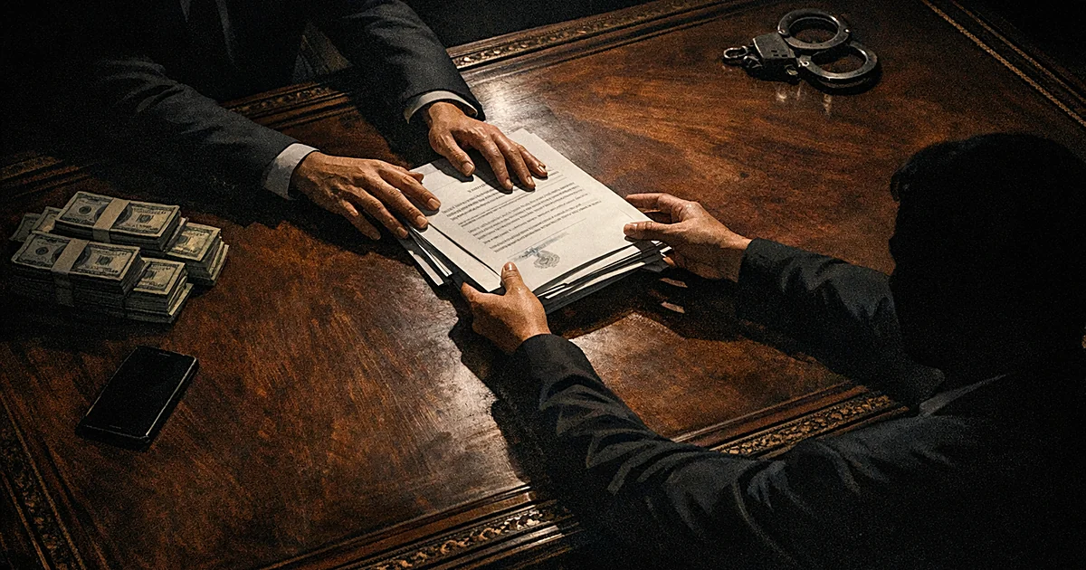 Hands exchanging documents across a desk with cash nearby in a darkly lit office, suggesting corruption