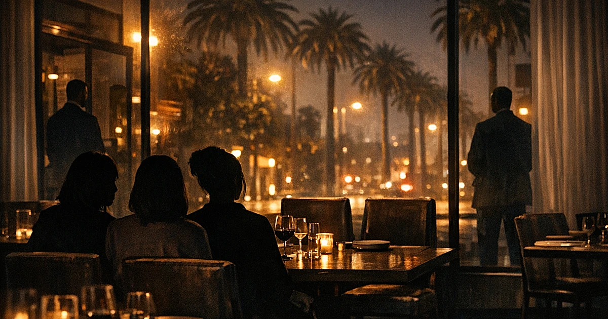Three silhouettes dining at restaurant table with empty chairs across from them, security figures in background