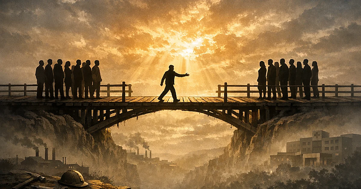 Silhouetted figures on opposite sides of bridge with one person walking toward center in gesture of connection