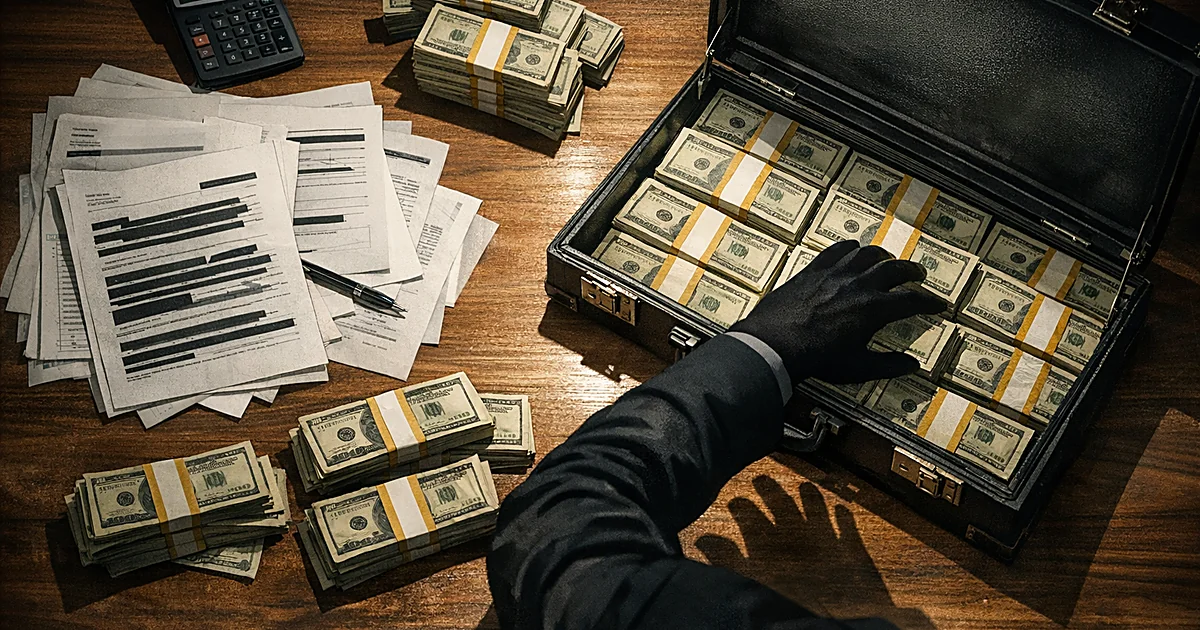 Overhead view of desk with documents, cash stacks, and silhouetted hand reaching toward briefcase in harsh lighting