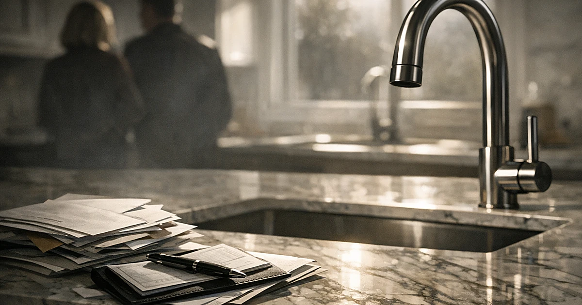 Dry kitchen faucet in upscale home with stack of unpaid bills and checkbook on marble counter