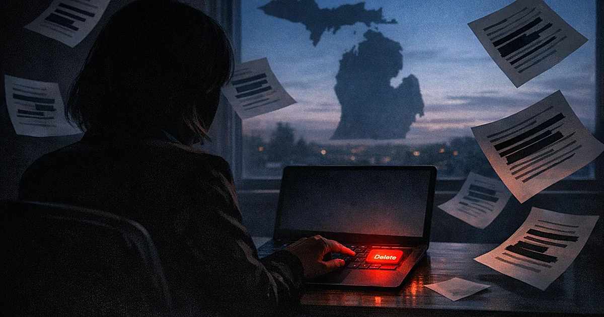 Silhouette at laptop with glowing delete key, Michigan state outline visible through window, redacted papers floating