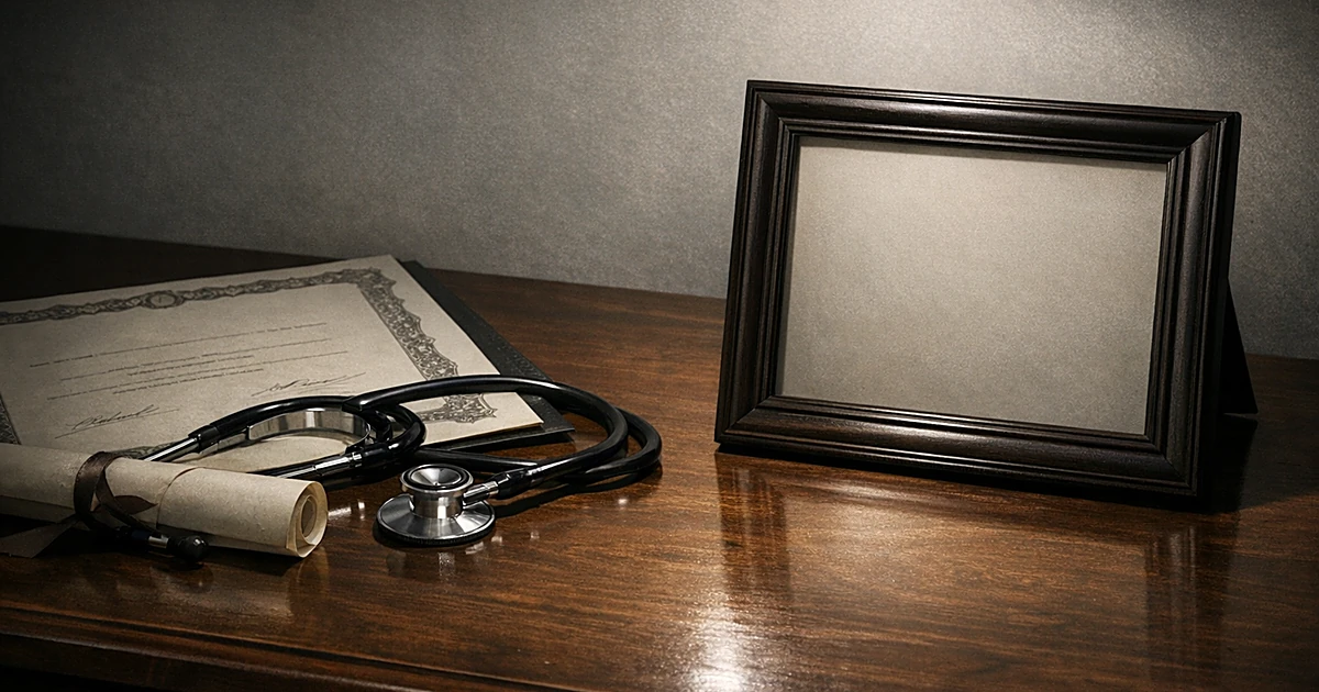 Empty medical license frame on desk next to diploma and stethoscope, highlighting absence of practicing credentials