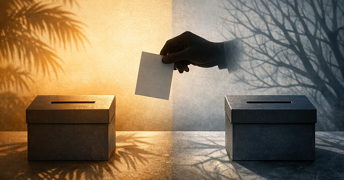 Two ballot boxes with contrasting shadows, one with palm trees, one with winter trees, hand holding ballot between them
