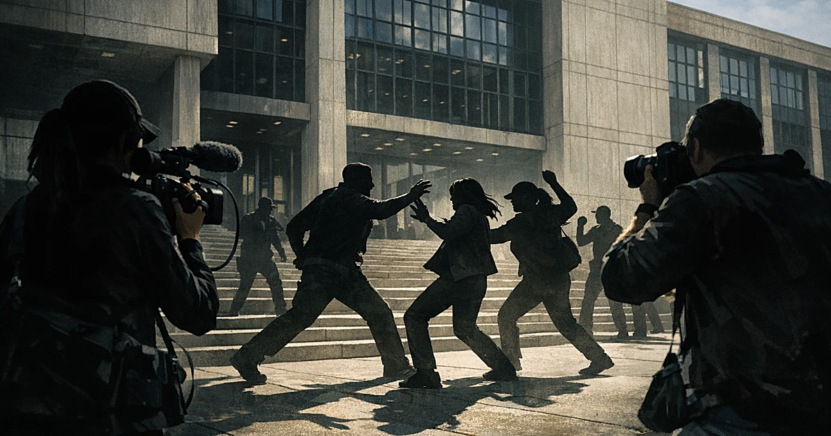 Silhouetted figures in confrontation outside federal building, some holding cameras, others in aggressive poses