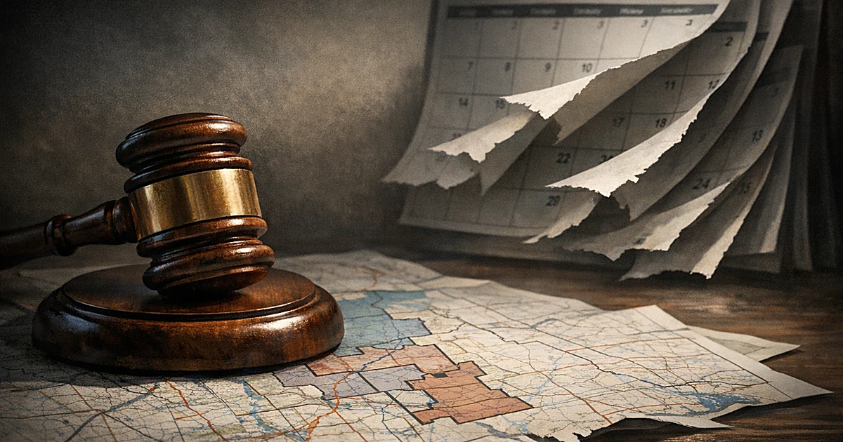 Gavel resting on district map with calendar pages in background suggesting postponement of redistricting session