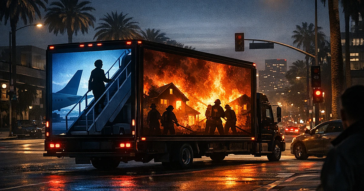 Mobile billboard truck on LA street showing split screen of airplane boarding silhouette and burning homes with firefighters