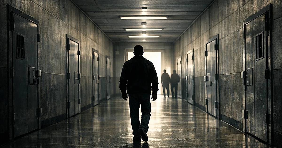 Silhouetted person walking down detention facility corridor toward bright exit doorway