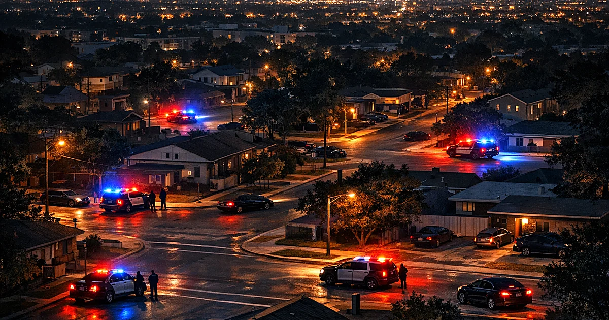 Aerial view of police vehicles with emergency lights scattered across multiple city blocks at night in Austin