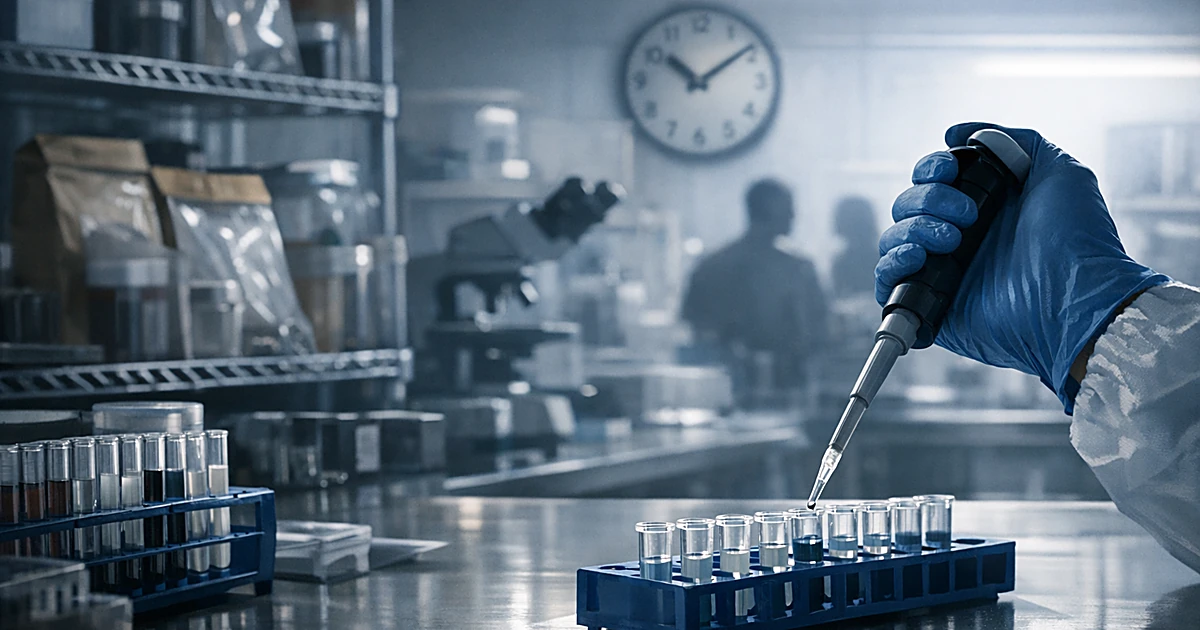 Gloved hand working with DNA samples in FBI crime laboratory with test tubes and evidence bags in background