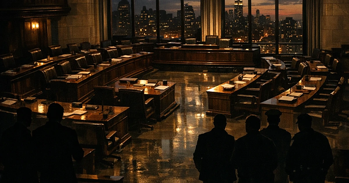 Silhouetted figures in a government legislative chamber with city skyline visible through windows at dusk