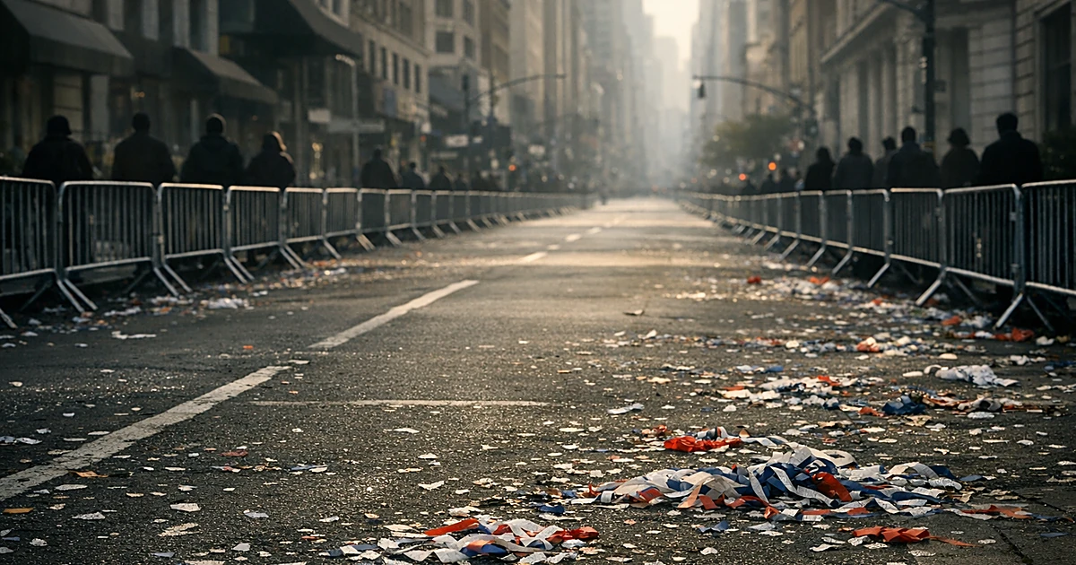 Empty parade route with barricades and scattered confetti, silhouettes of people viewing from behind
