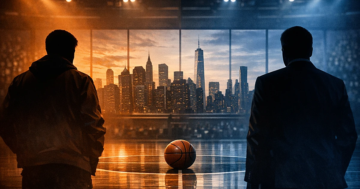Two silhouettes on opposite sides of basketball court with NYC skyline, united by basketball at center