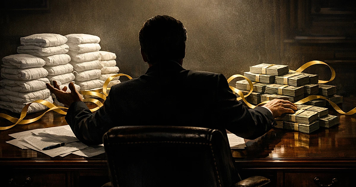 Desk with diapers and cash connected by ribbons, silhouetted figure reaching between them in shadowy office