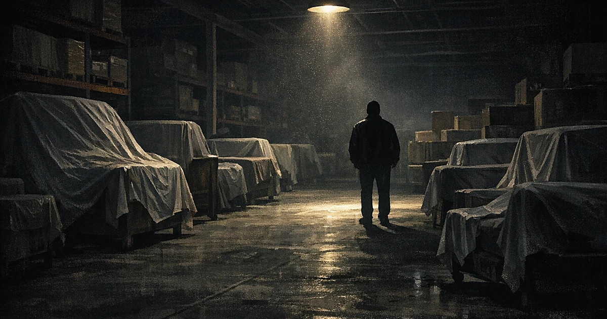 Dark warehouse interior with covered furniture and single overhead light creating shadows on concrete floor