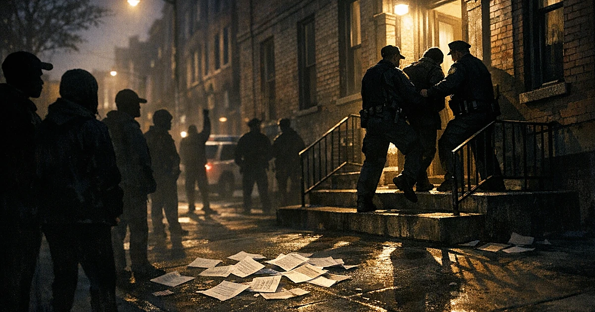 Silhouetted figures face off near a Brooklyn apartment building entrance with papers scattered on the ground