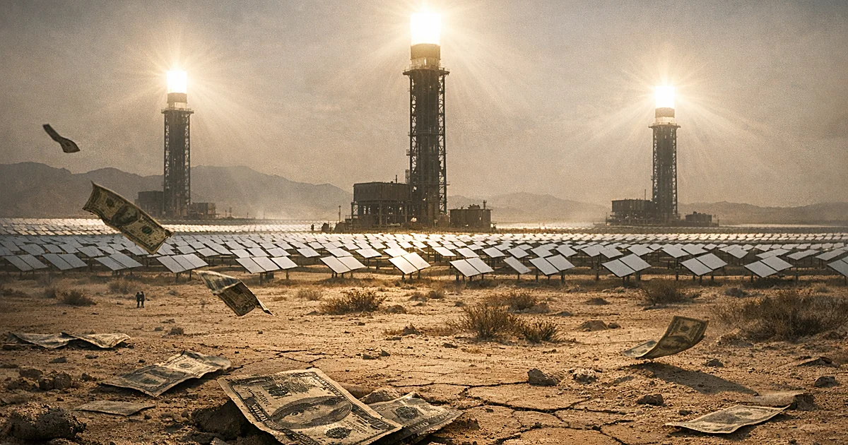 Solar thermal towers surrounded by mirror arrays in desert with scattered currency on sandy ground