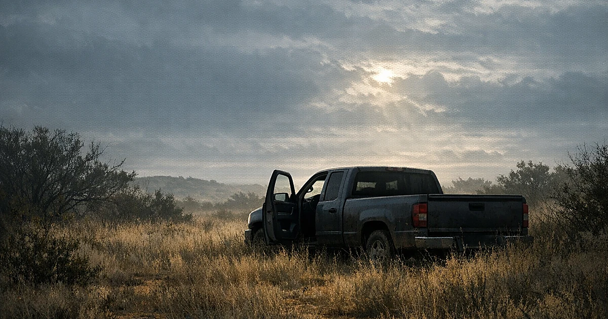 Abandoned pickup truck in remote prairie grassland under overcast sky in Oklahoma wildlife management area