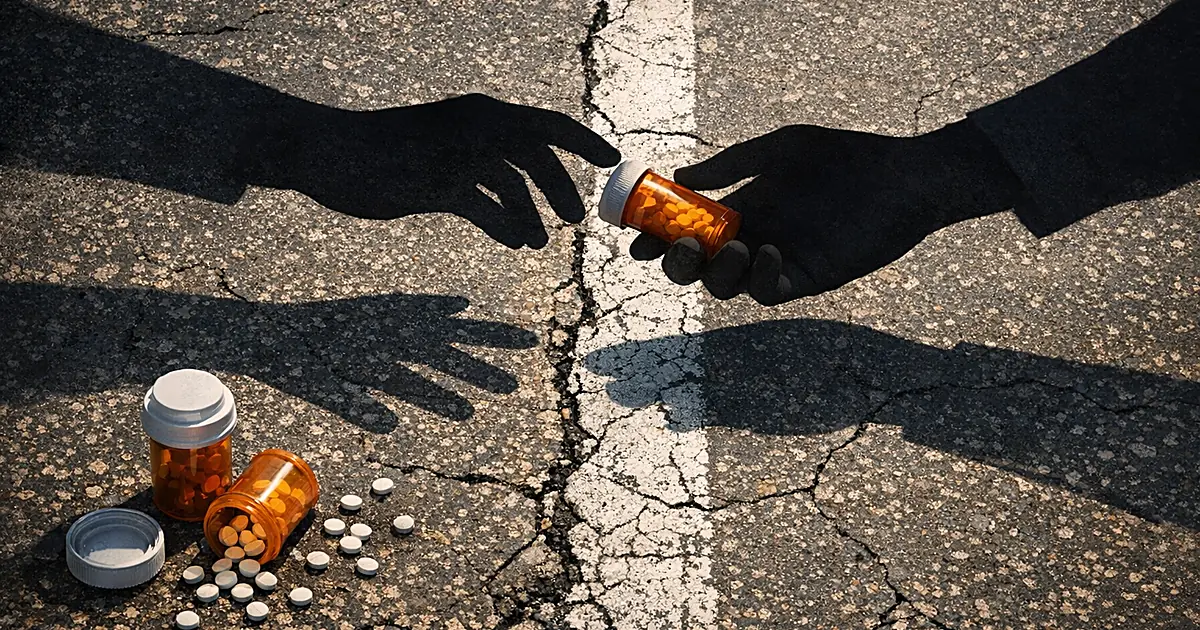 Silhouetted hands passing pill bottle across state border line painted on pavement from above