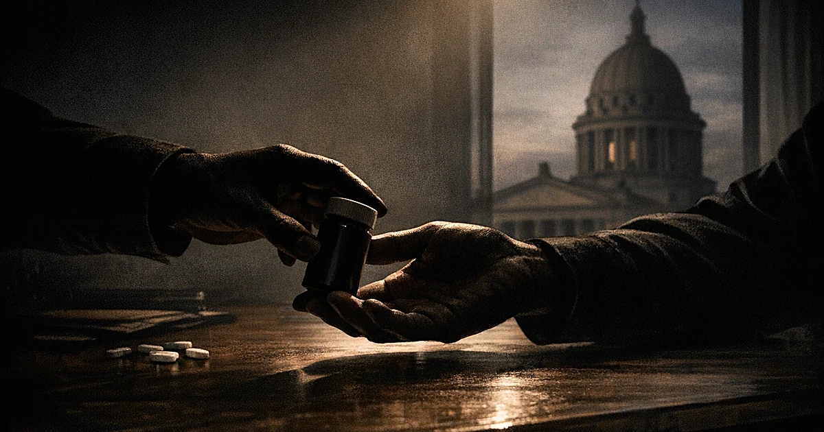Silhouetted hands exchanging pill bottle across table with capitol building visible through window in background
