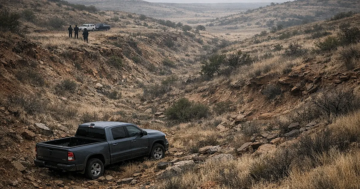 Gray pickup truck in isolated ravine surrounded by prairie grass in remote Oklahoma wildlife area