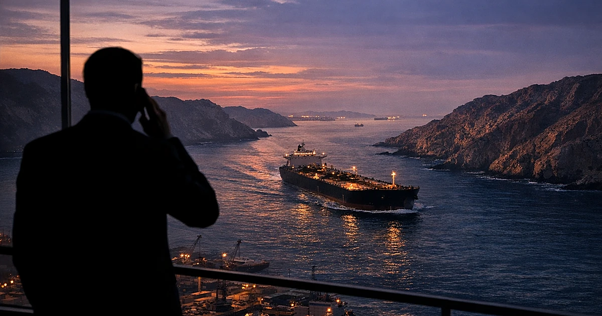 Oil tanker passing through narrow strait waters, silhouetted official on phone in foreground at window