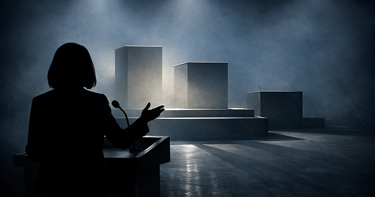 Silhouette at podium gesturing toward third-place position while two higher positions are spotlit in foreground