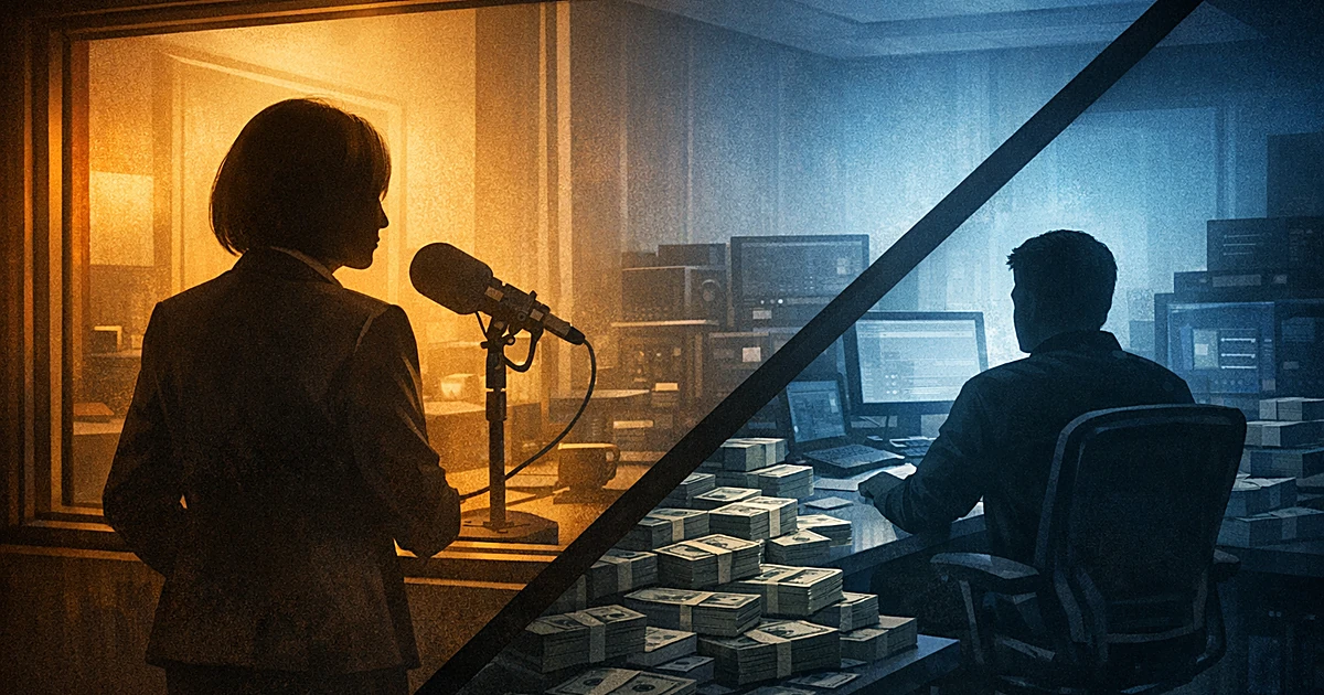 Silhouette in radio booth speaking while another figure sits with money and tech devices visible through window