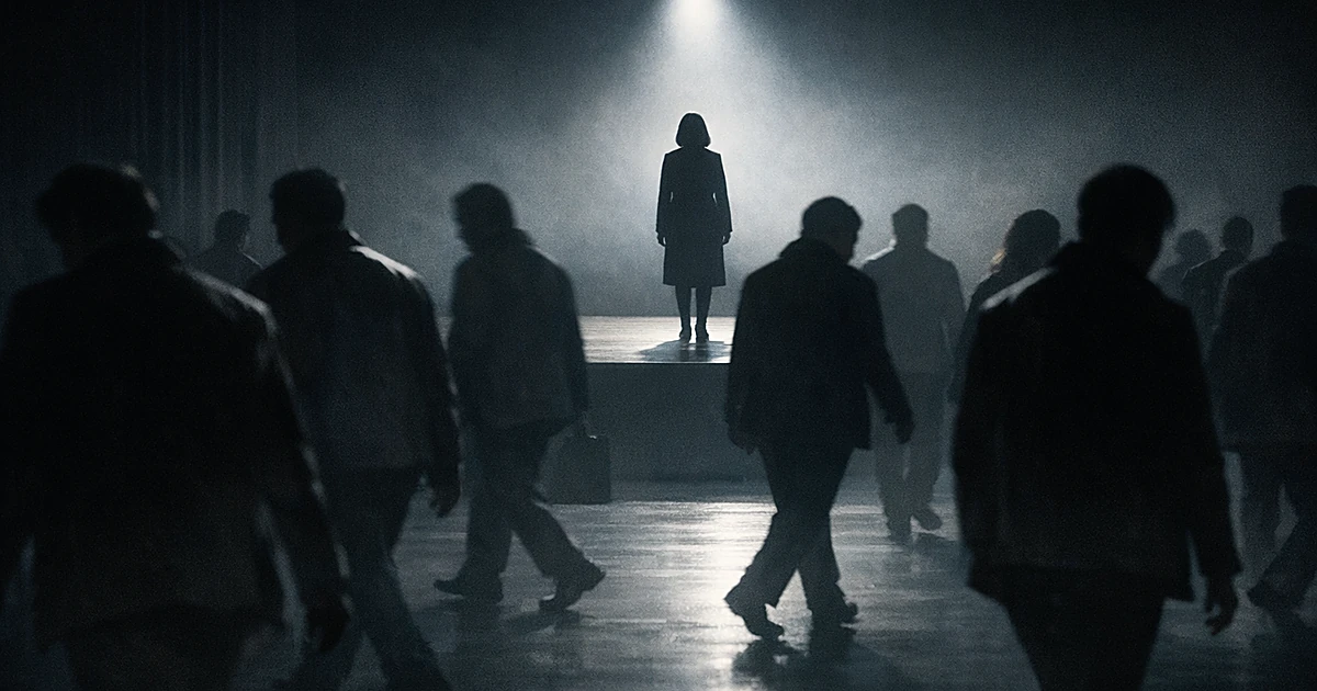 Silhouetted figure on stage in spotlight as crowd of shadowy figures turn away and disperse in different directions