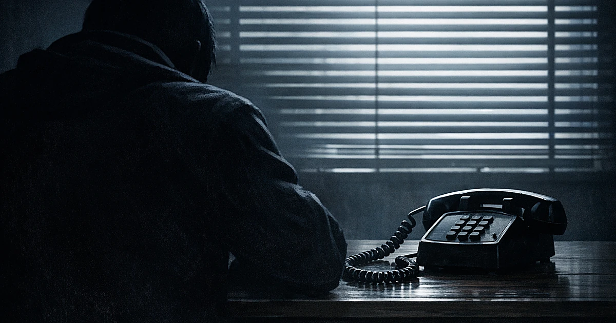 Silhouetted figure from behind using telephone at desk in dark room with venetian blind shadows