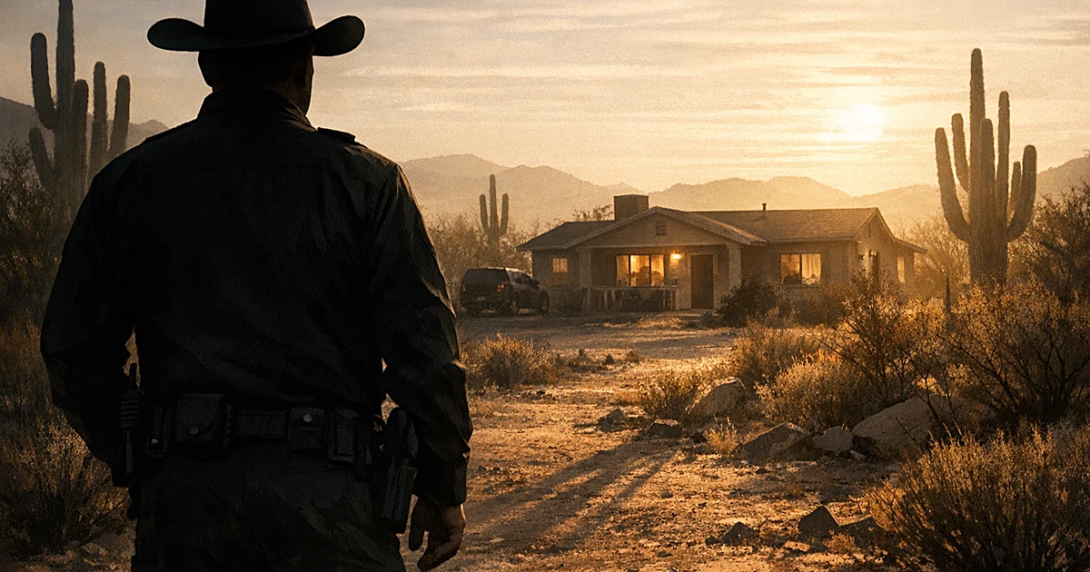 Silhouetted law enforcement officer facing a desert home in Arizona with saguaro cacti and long afternoon shadows