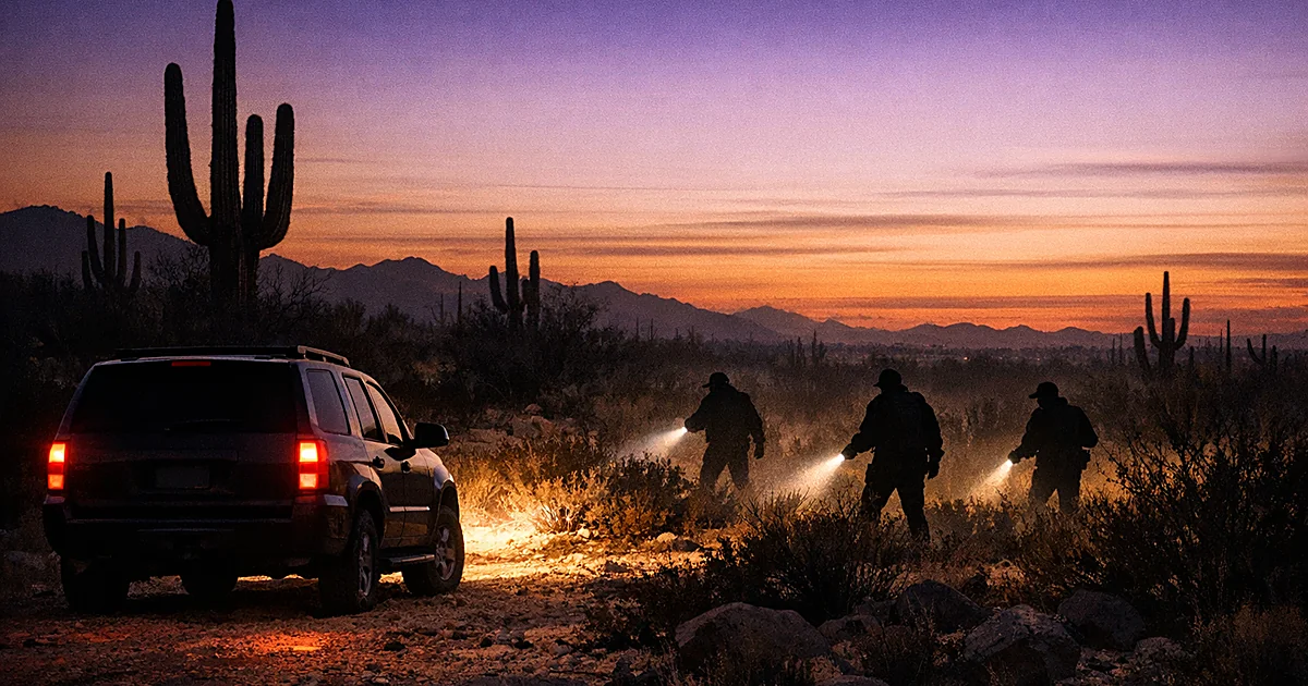 Sheriff's vehicle and silhouetted investigators searching desert terrain at dusk with saguaro cacti
