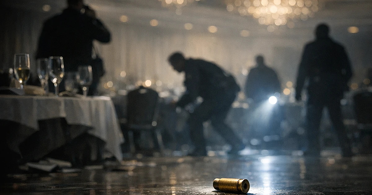 Formal banquet hall with silhouetted security personnel and forensic evidence on floor after shooting incident