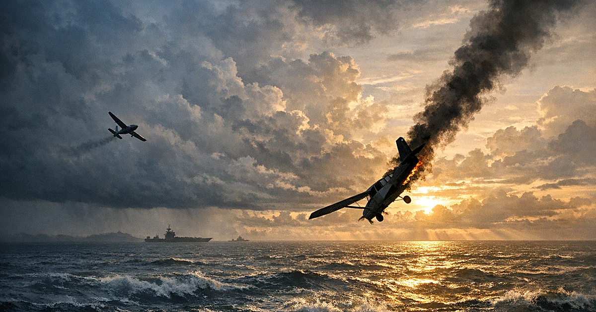 Two small planes over ocean, one trailing smoke and descending while another flies away against dramatic cloudy sky