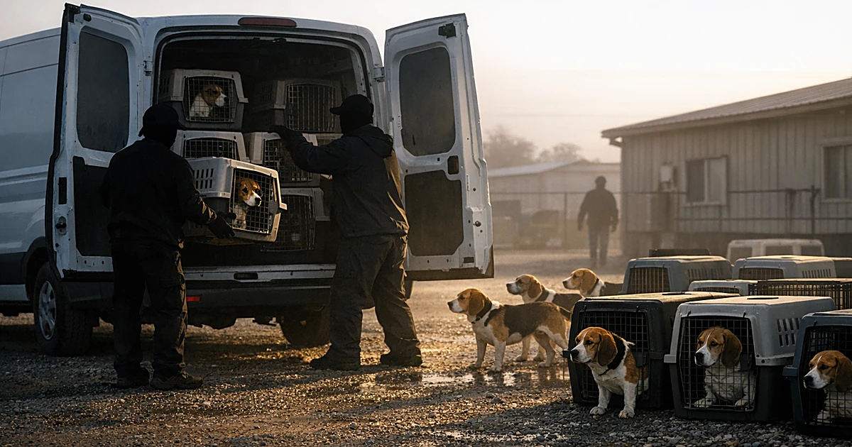 Beagles being loaded into transport van crates by silhouetted handlers outside rural facility building