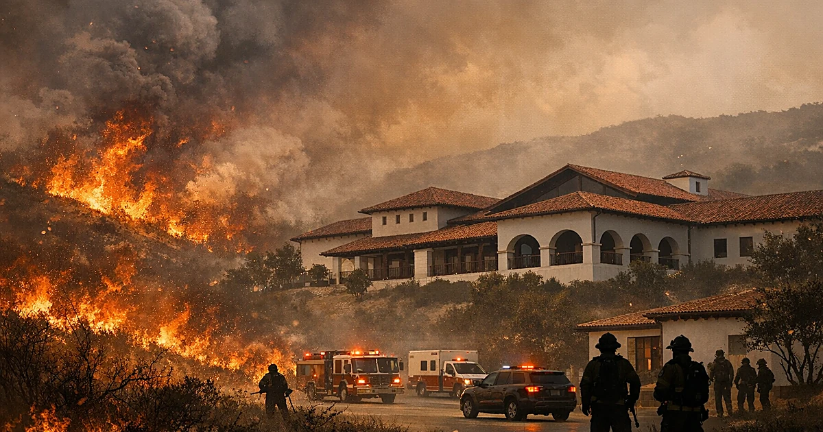 Wildfire flames approach white hillside building as emergency vehicles respond and smoke fills the air