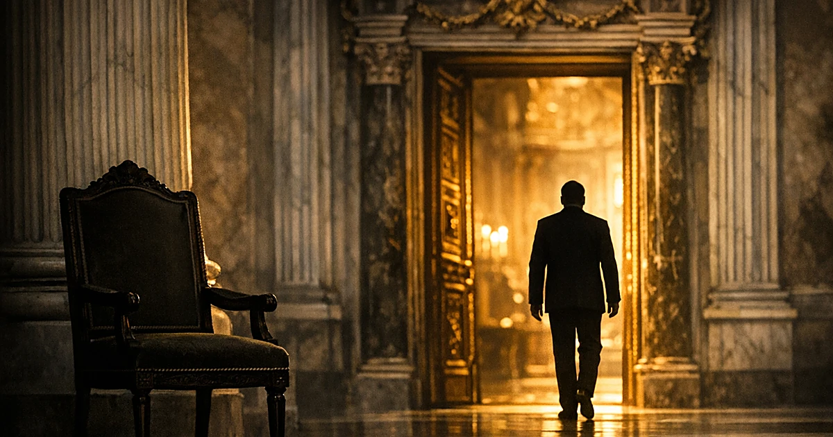 Silhouetted figure entering ornate doorway while empty chair sits in foreground, suggesting diplomatic exclusion