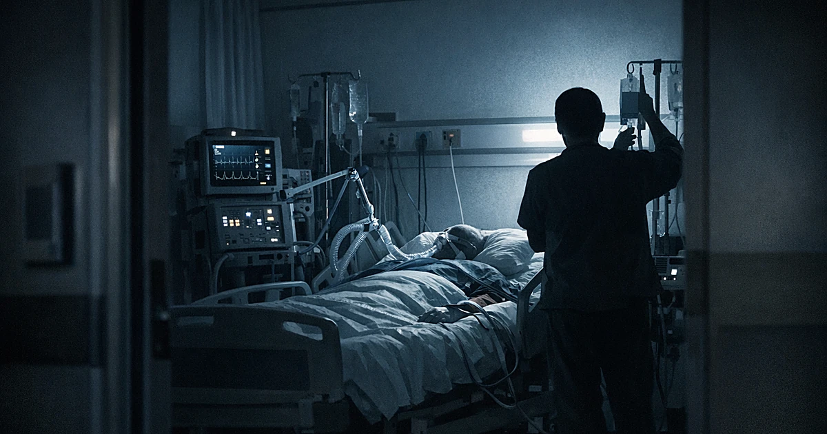 Hospital ICU room with ventilator and medical equipment beside bed, medical staff silhouette attending patient